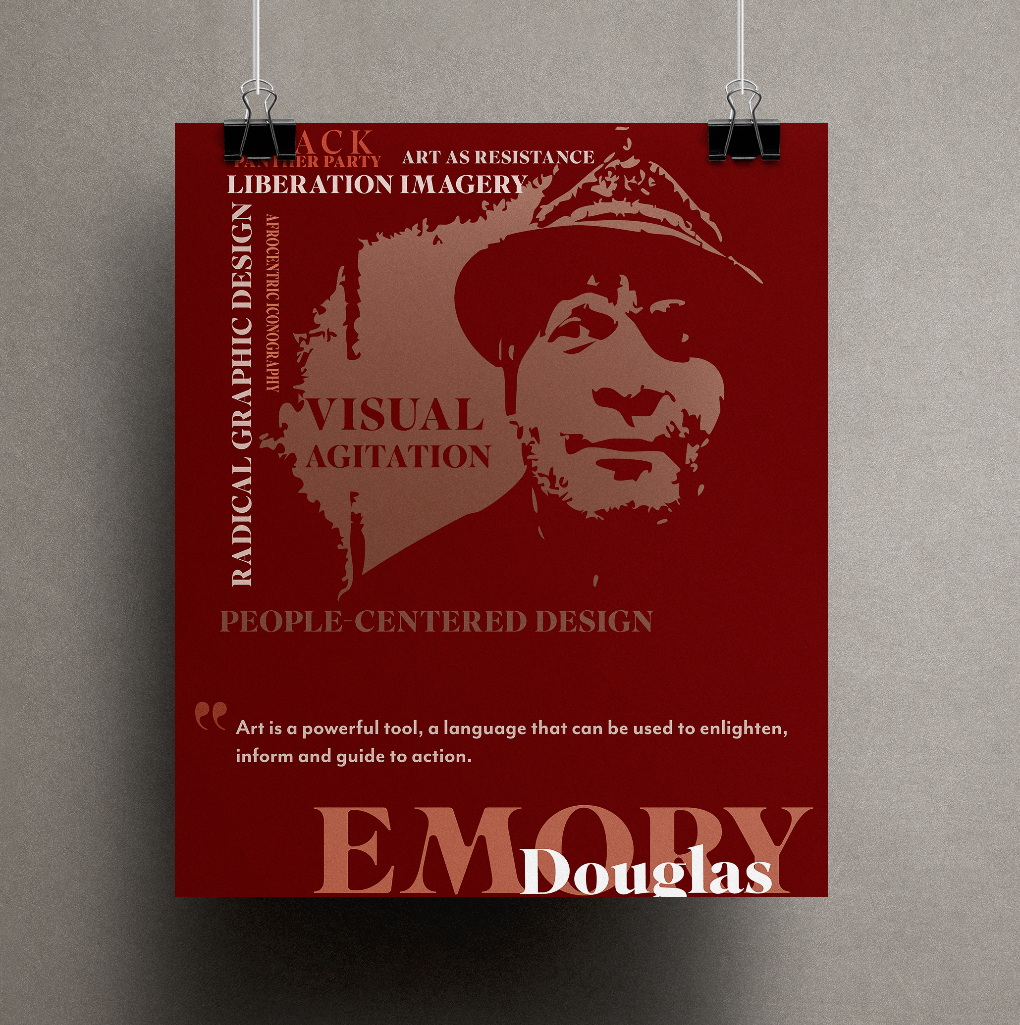 Emory Douglas poster featuring quote about art as a powerful tool