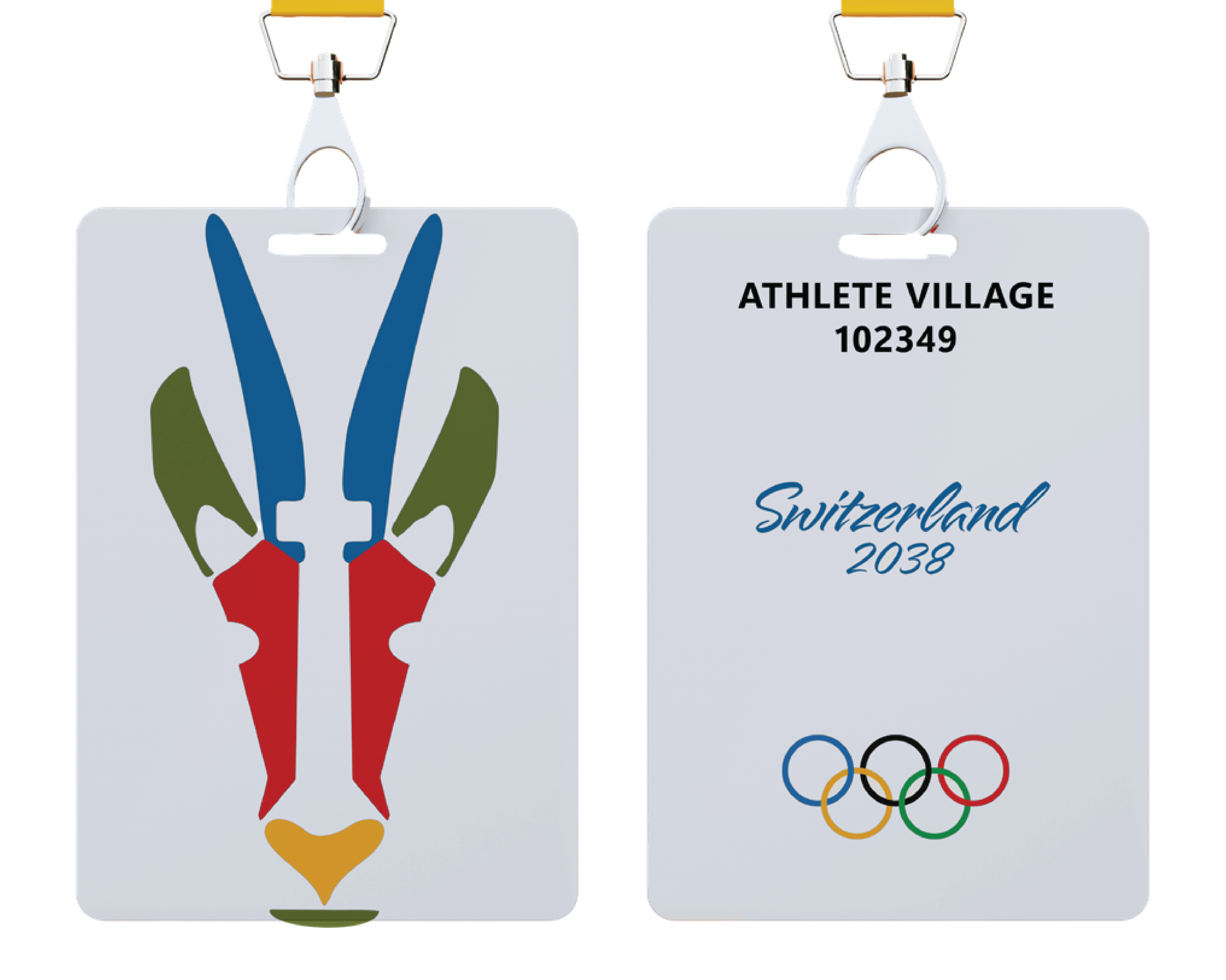 2038 Olympics brand identity applied to an event credential badge