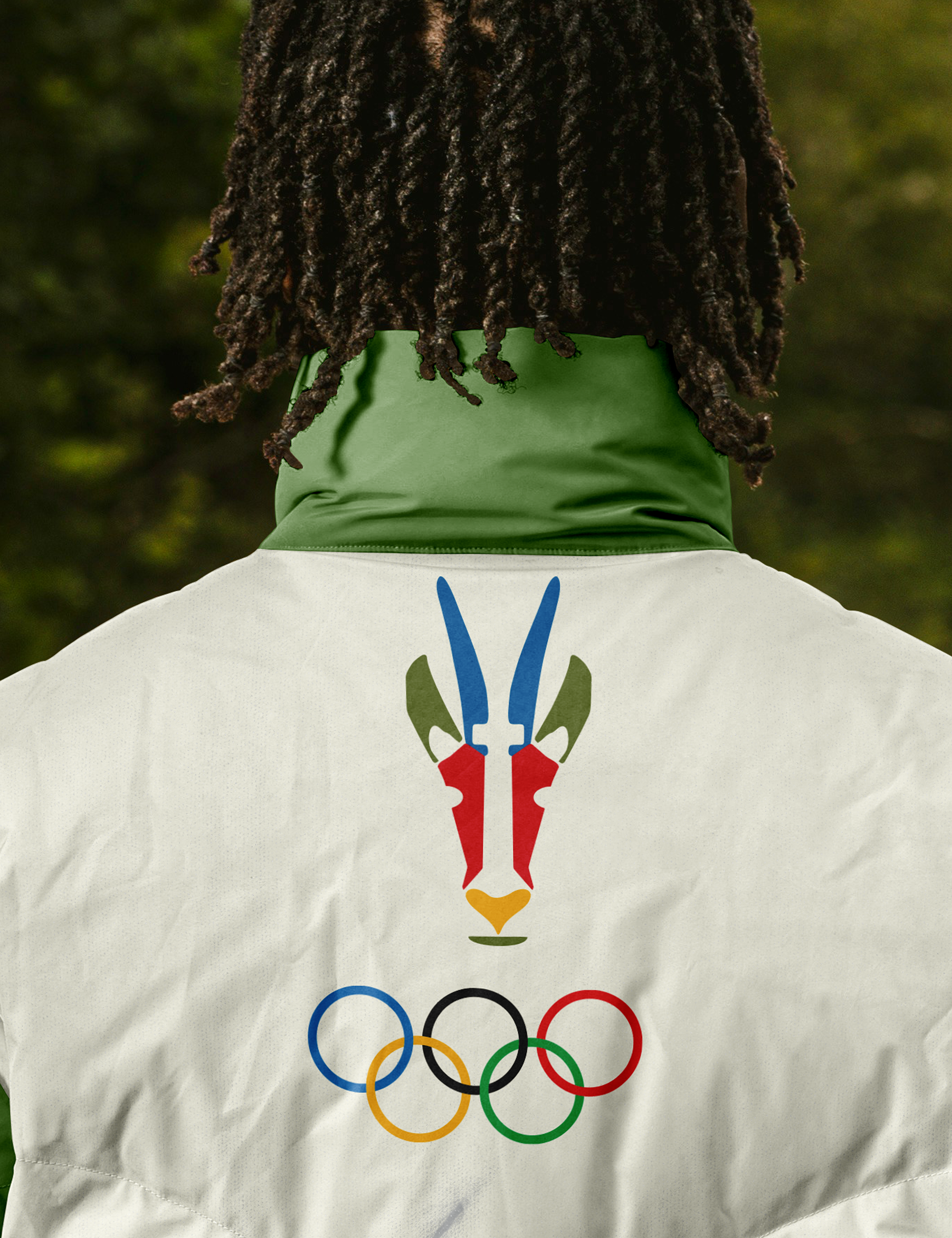 2038 Olympics brand identity applied to an athlete uniform jacket