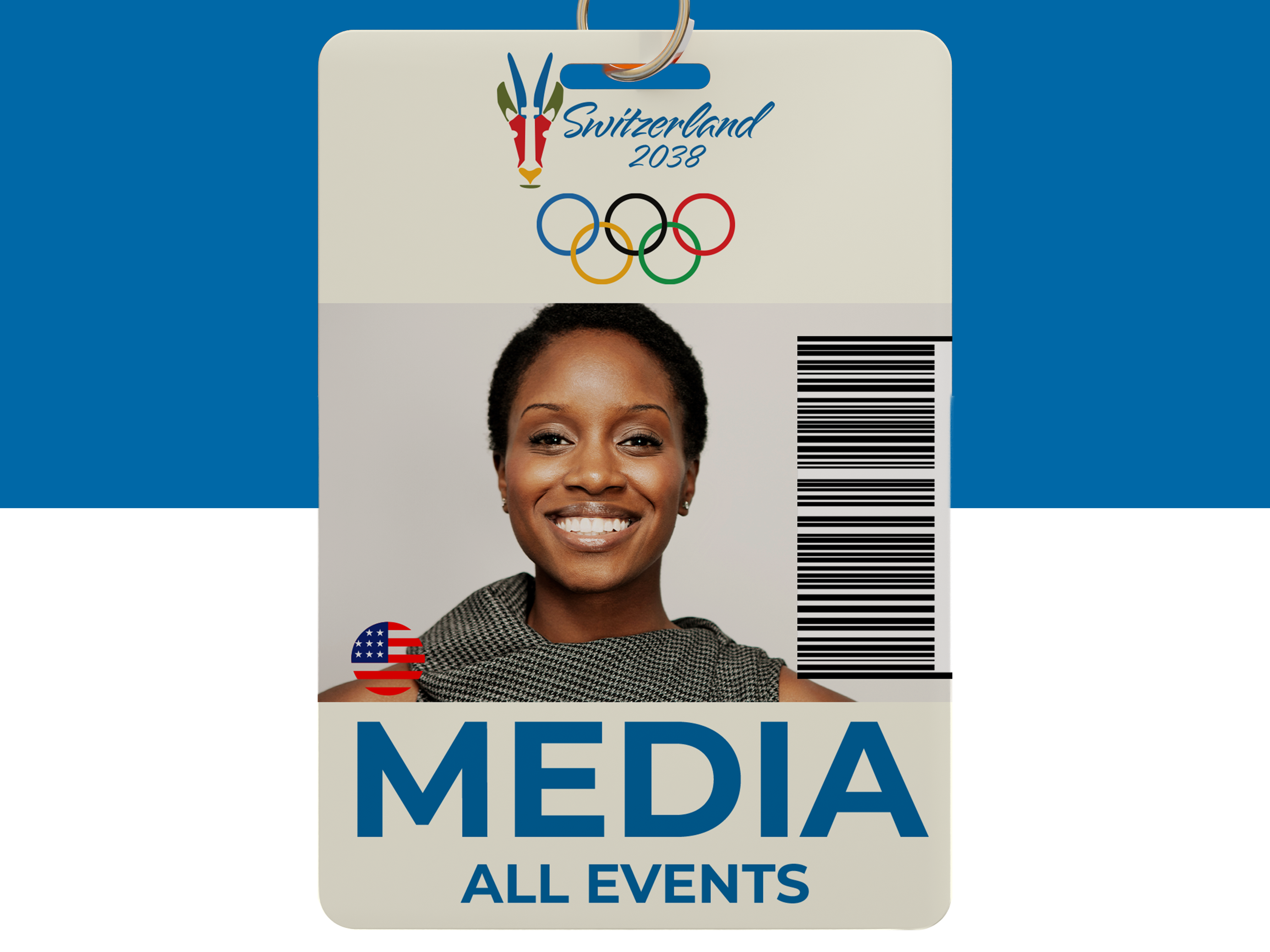 2038 Olympics brand identity applied to a media accreditation badge