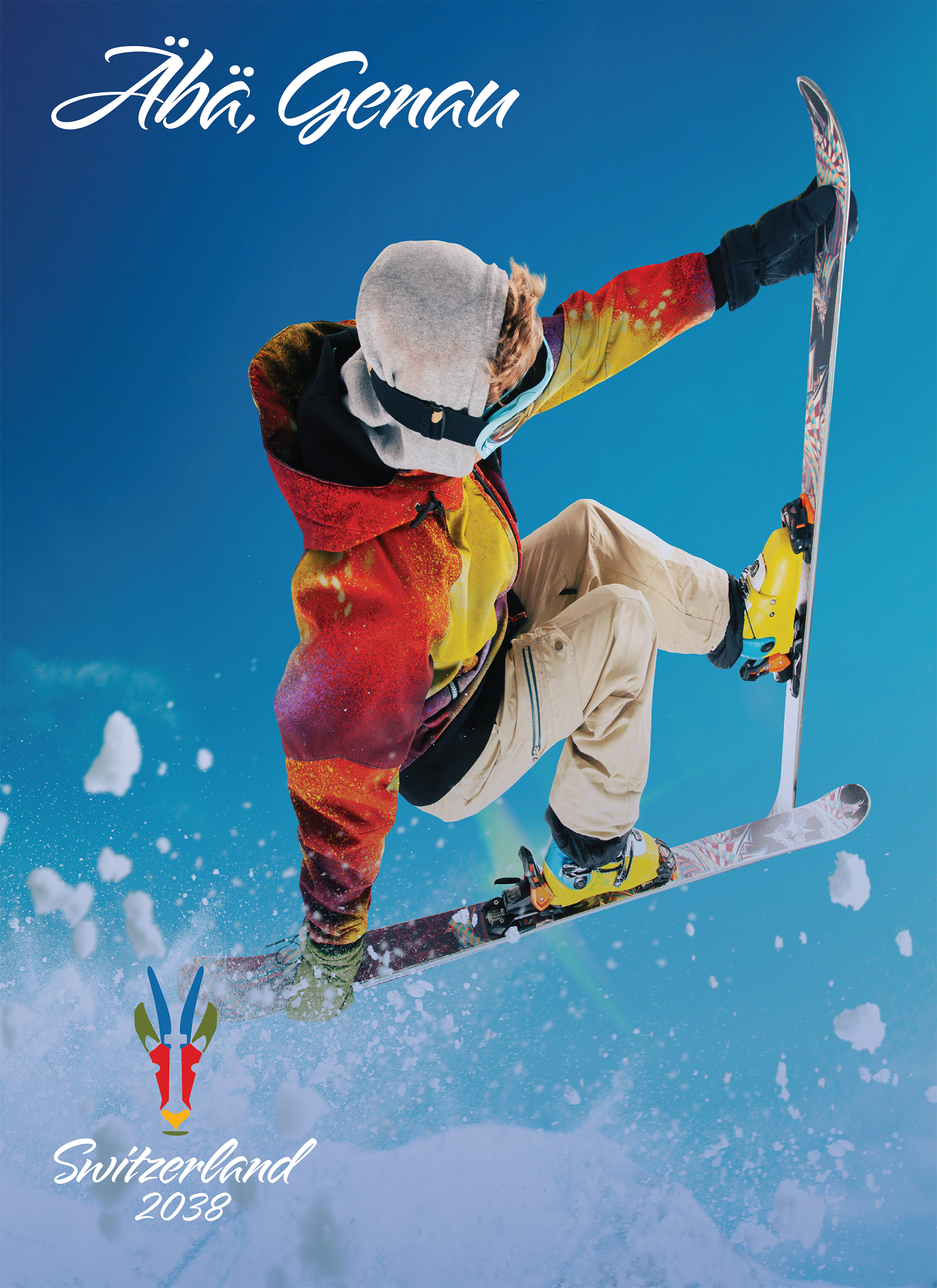 2038 Olympics Abä, Genau campaign poster showing the full identity system in use