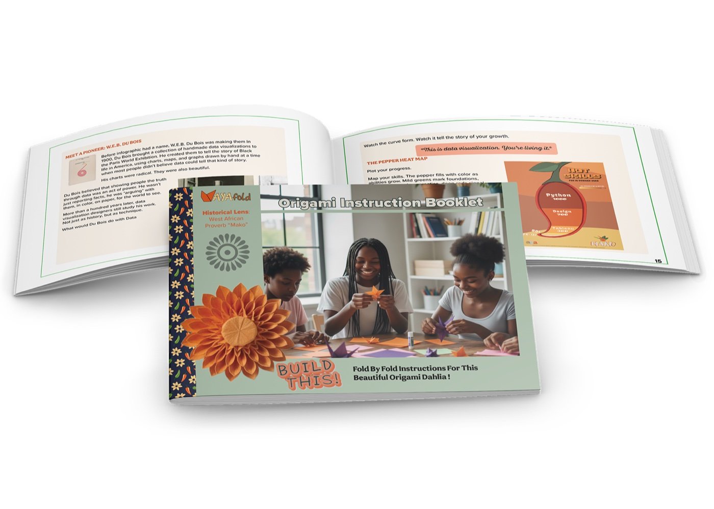 Educational booklet cover with a dahlia and three girls folding origami, fanned above two open instruction spreads