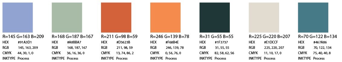 Brand palette swatches: deep teal, marsh blue, periwinkle, sage, clay, cream, and marigold with color values