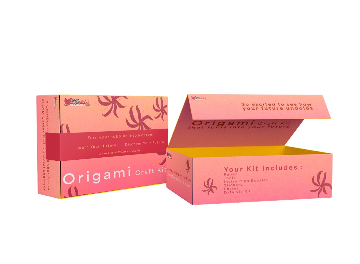 AyaFold origami craft kit box in pink with flower silhouettes, shown closed and open
