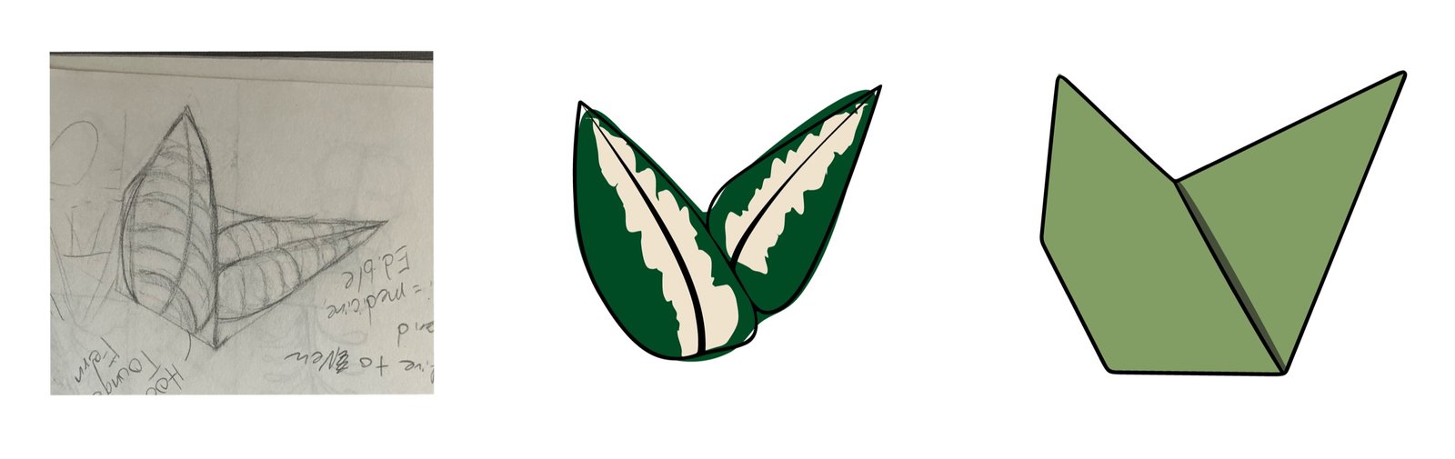 Logo development from pencil sketch of a folded leaf, to the two-tone leaf symbol, to the final folded paper form