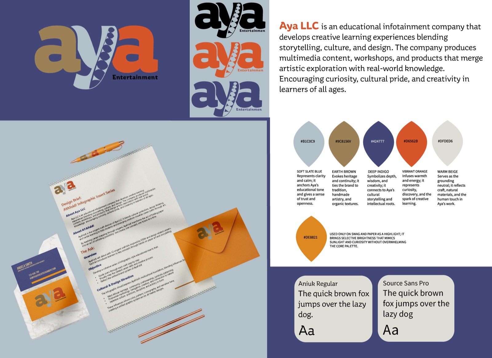 Aya parent brand guide spread with logo colorways, mission copy, brand pillars, and type samples