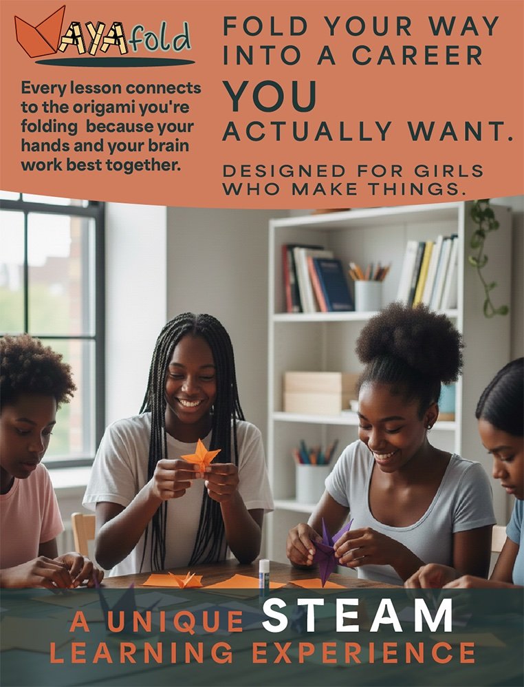 Portrait social ad of girls folding origami: Fold Your Way Into a Career You Actually Want, designed for girls who make things