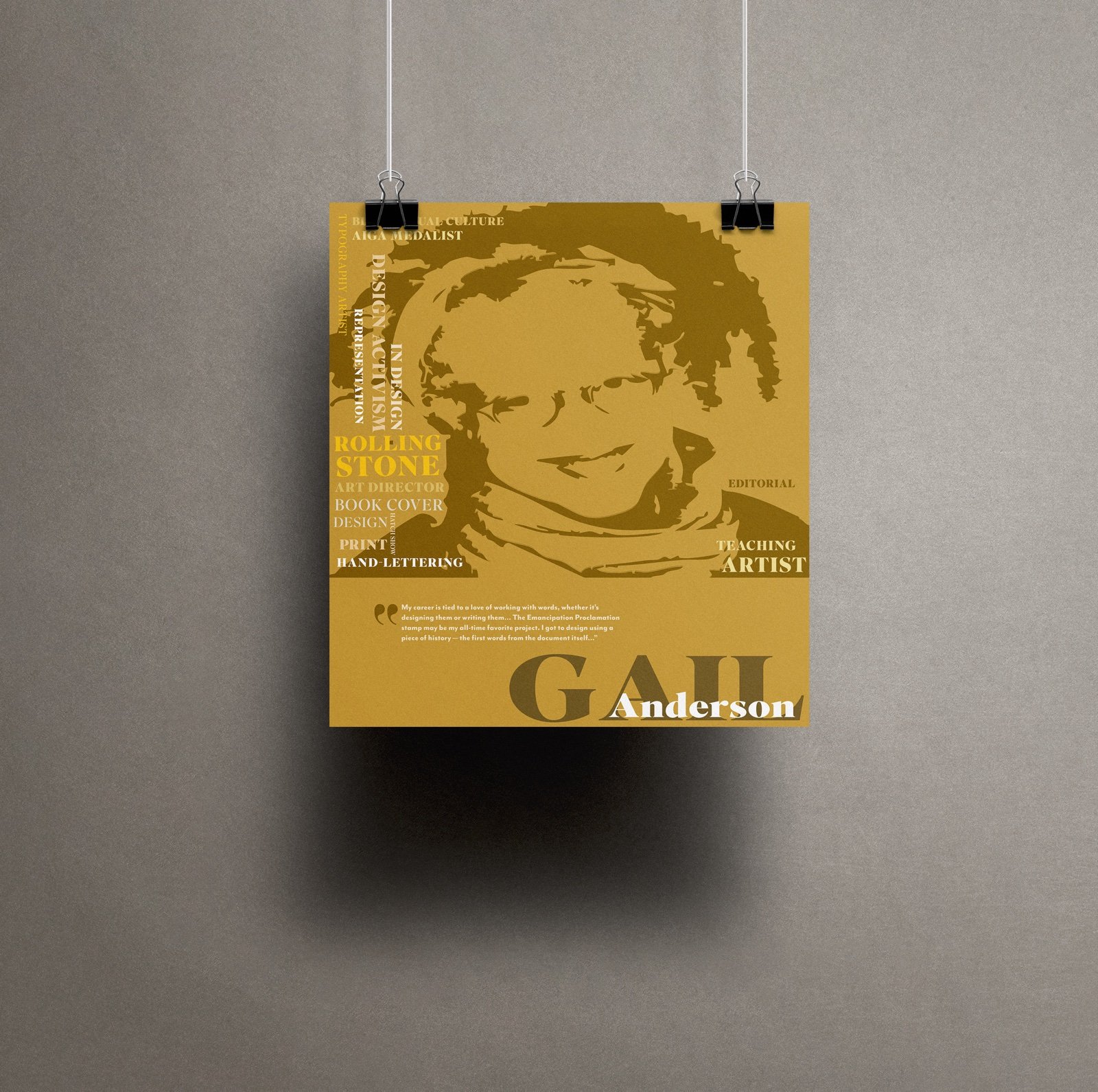 Gail Anderson poster clipped to a gallery wall