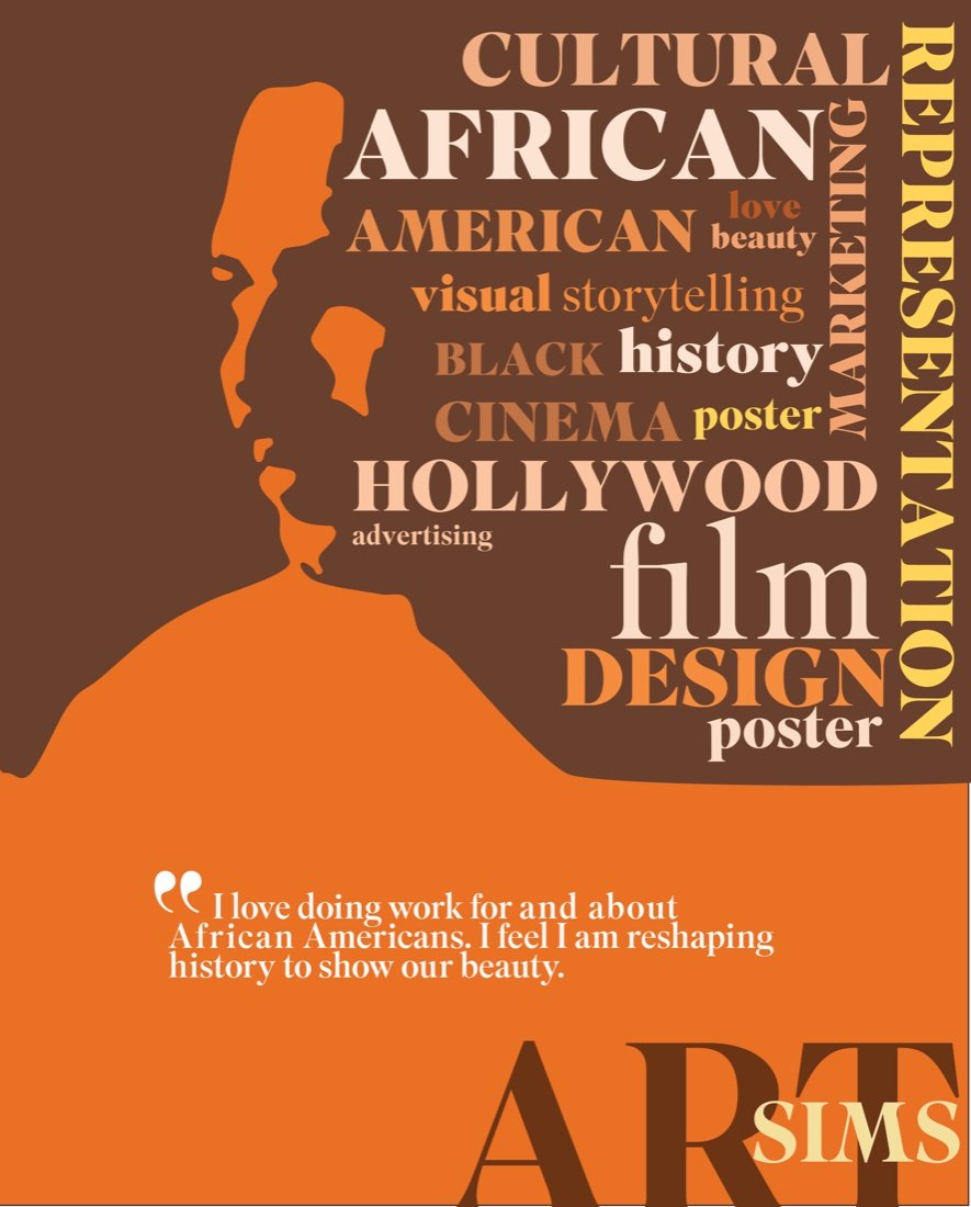 Typographic poster of Art Sims: an orange silhouette portrait layered with words including Cultural, African American, Hollywood, film, and design