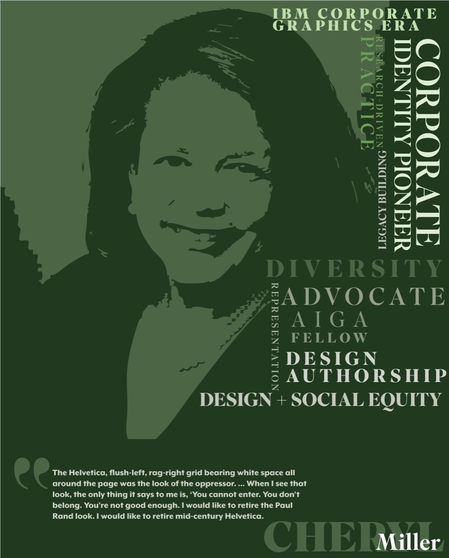 Typographic poster of Cheryl D. Miller in reclamation green, with the phrases Corporate Identity Pioneer, Diversity Advocate, and Design Authorship