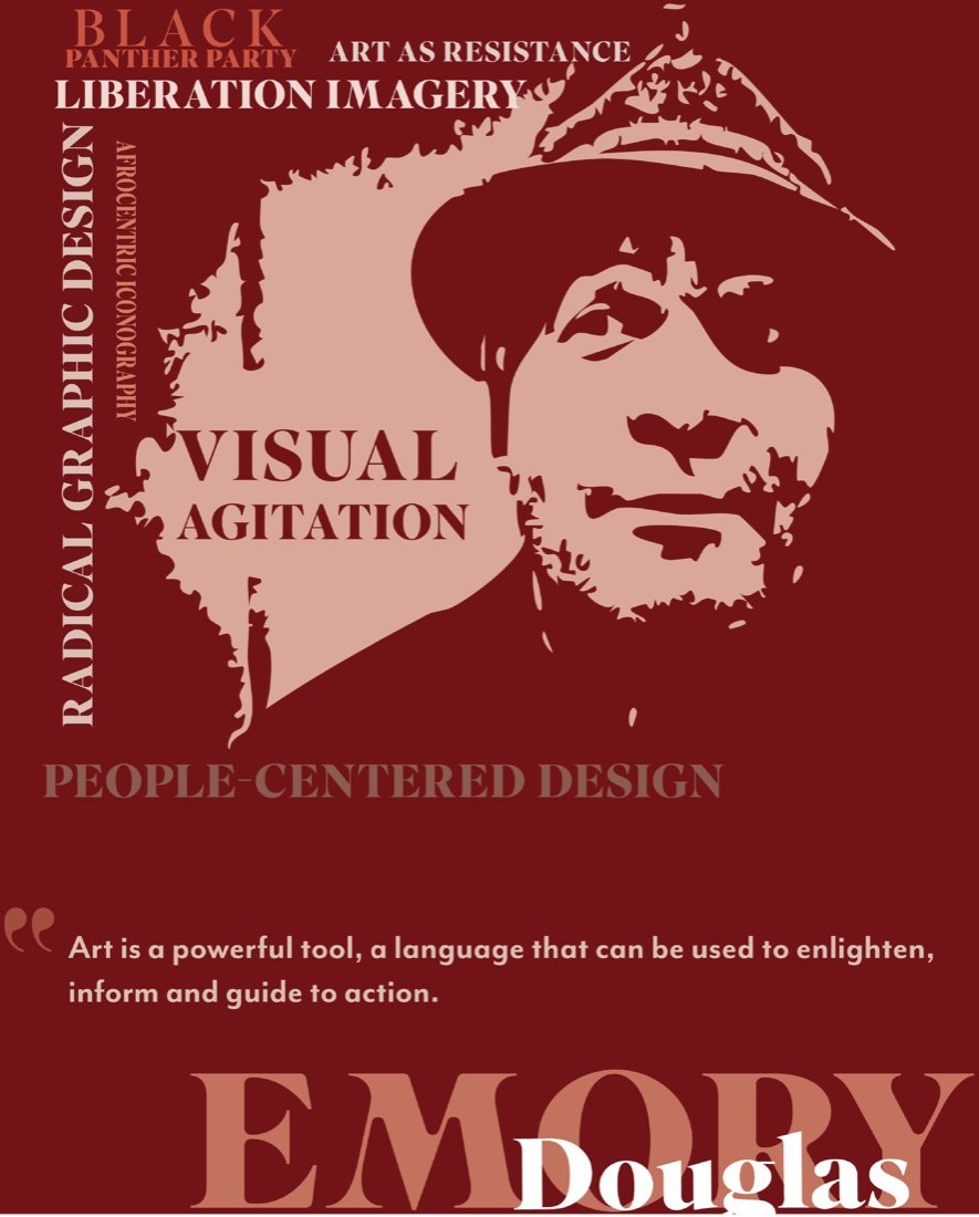Typographic poster of Emory Douglas in propaganda red, with the phrases Visual Agitation, Liberation Imagery, and People-Centered Design