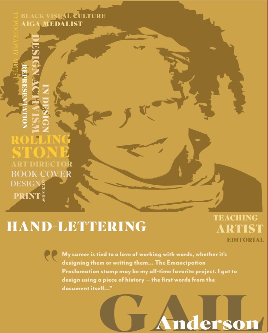Typographic poster of Gail Anderson in heritage gold, with the phrases Rolling Stone Art Director, Book Cover Design, and Hand-Lettering