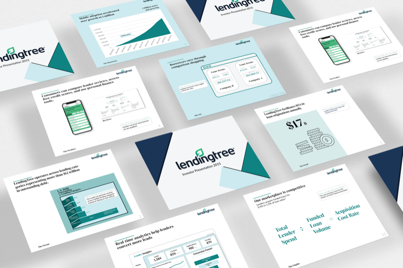 Angled arrangement of redesigned LendingTree investor presentation slides in teal and navy