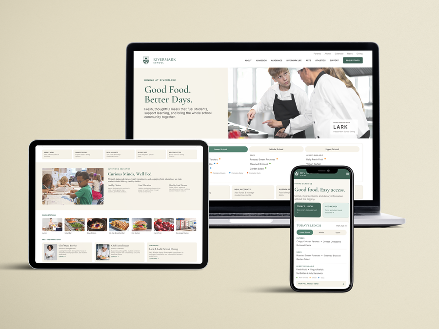 Redesigned Rivermark School dining hub homepage, showing the Good Food Better Days hero and Today's Menu widget
