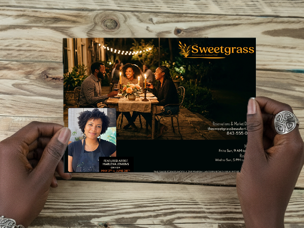 Sweetgrass Boutique Hotel branded invitation card featuring an outdoor evening dinner scene and gold logotype