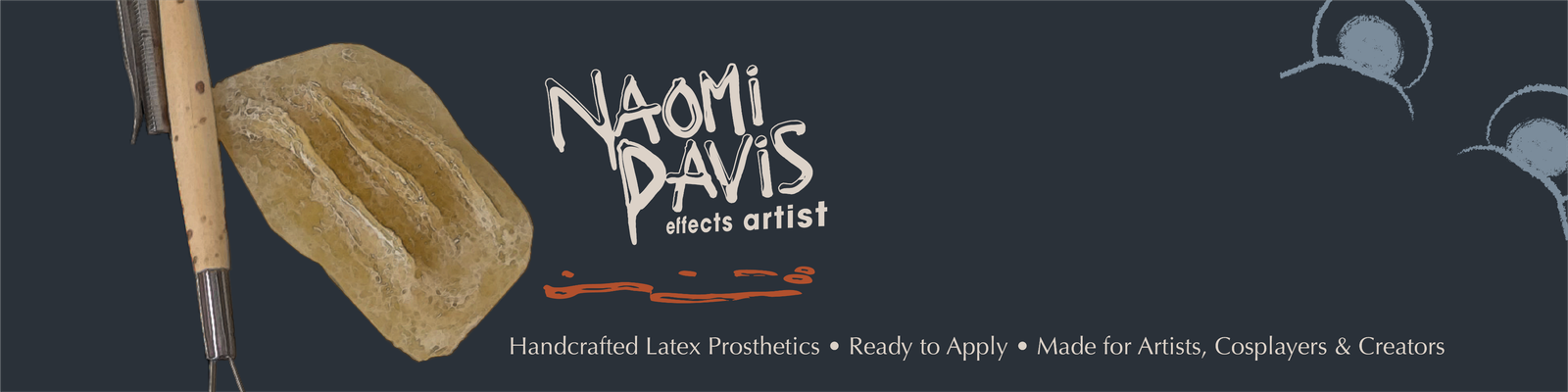 Etsy shop banner on navy with latex prosthetic