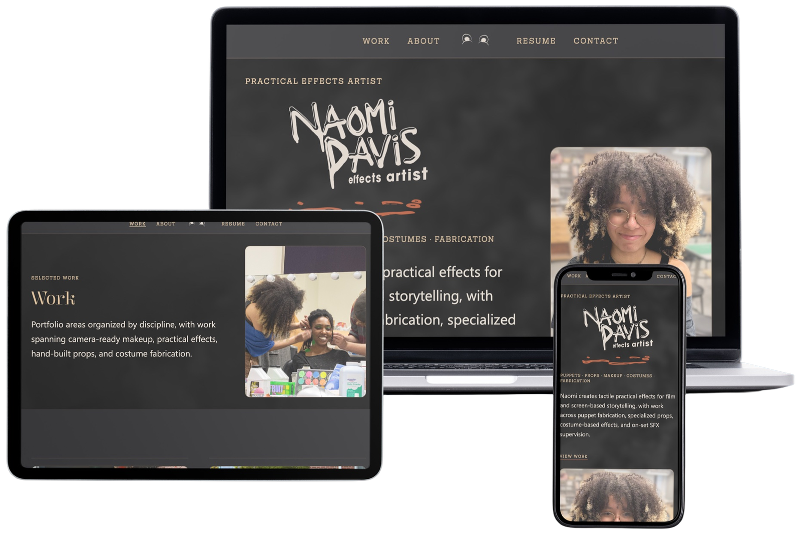 The Naomi Davis SFX website shown on laptop, tablet and phone