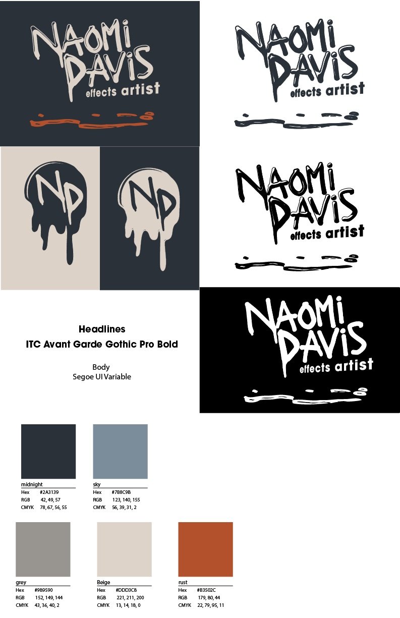 Final brand board with the scratched Naomi Davis effects artist wordmark on beige and navy, the drip monogram, ITC Avant Garde Gothic headline type, and swatches of deep navy, steel blue, beige, and burnt orange