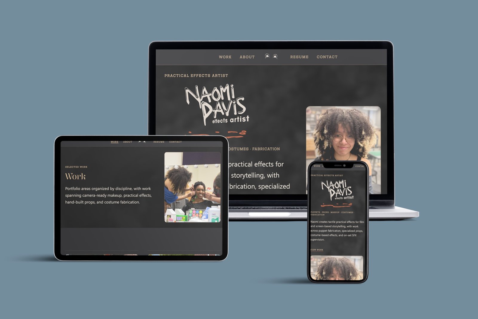 Naomi Davis SFX portfolio site shown on a laptop, tablet, and two phones: the scratched wordmark over dark pages of effects work