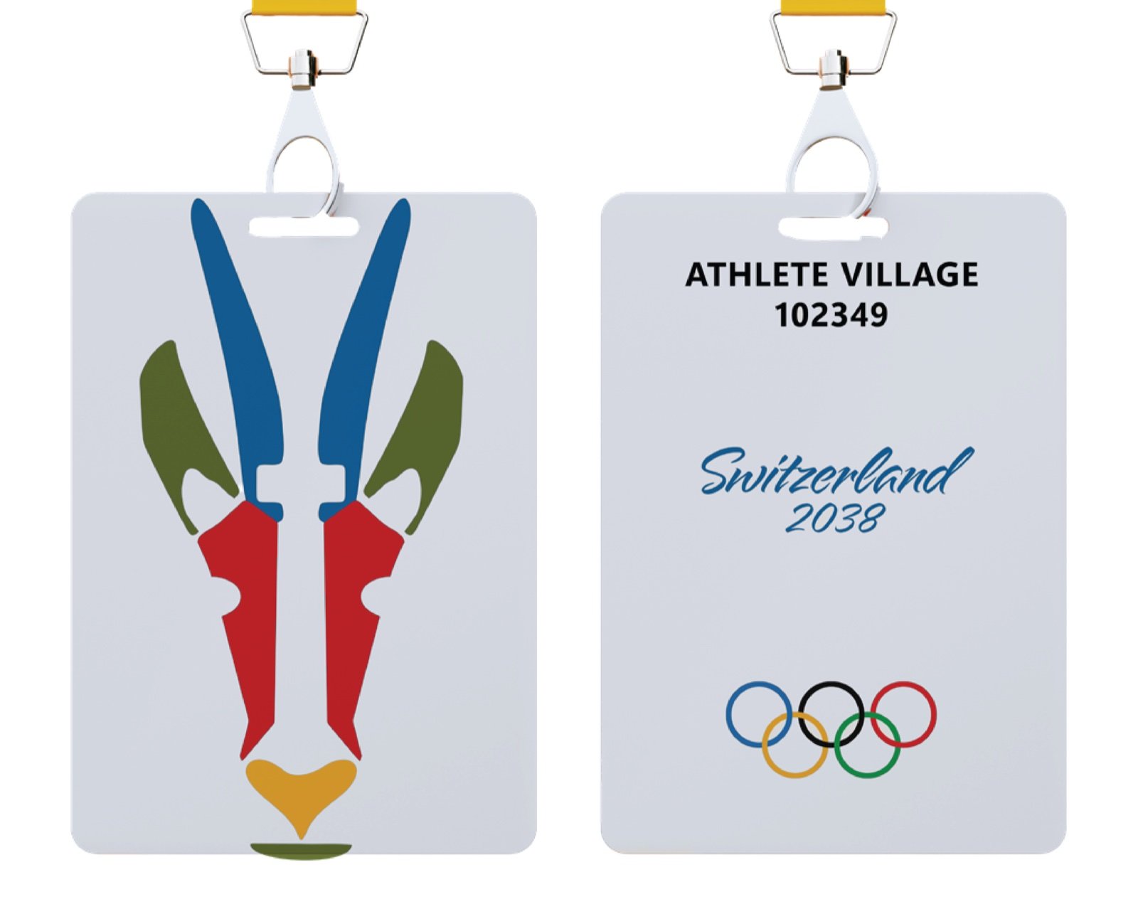 Athlete Village credential lanyards showing the crest on the front and Switzerland 2038 with the Olympic rings on the back