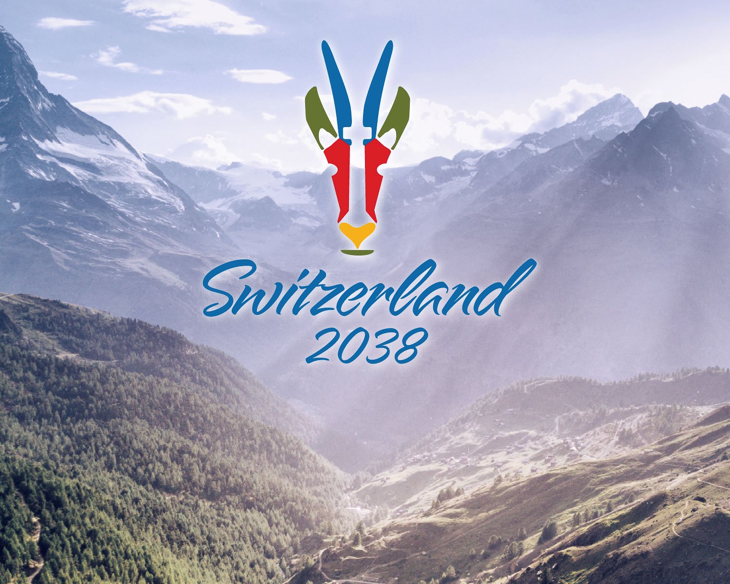 Switzerland 2038 Winter Olympics crest floating above a photograph of the Matterhorn and an alpine valley, with Switzerland 2038 in Alpine Script
