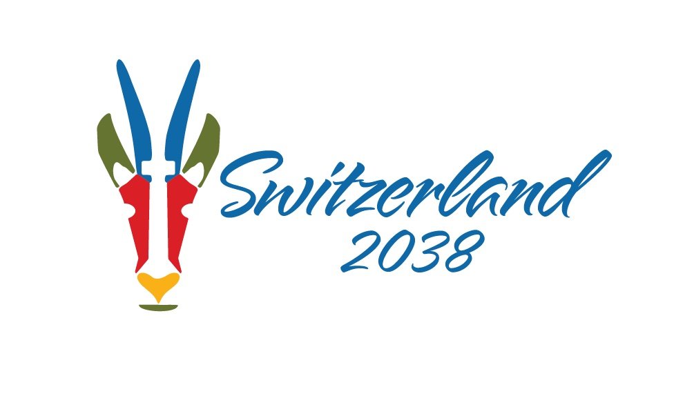 Horizontal lockup with the multi-color chamois crest beside Switzerland 2038 in Bleu Ciel Alpine Script