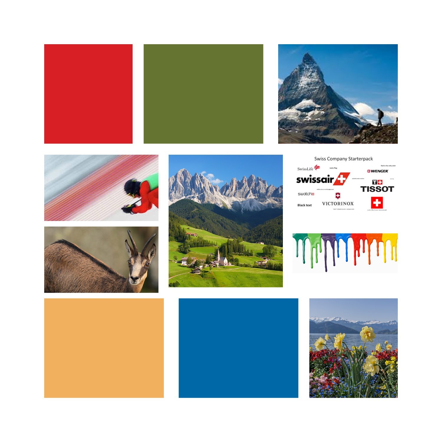 Mood board with Swiss red and alpine green swatches, the Matterhorn, a chamois, paint drips in the four language colors, and Swiss brand references