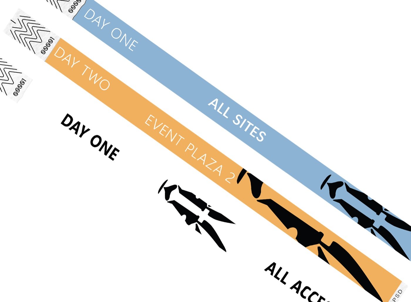 Day-one and day-two event wristbands in Bleu Ciel and gold marked All Sites and All Access