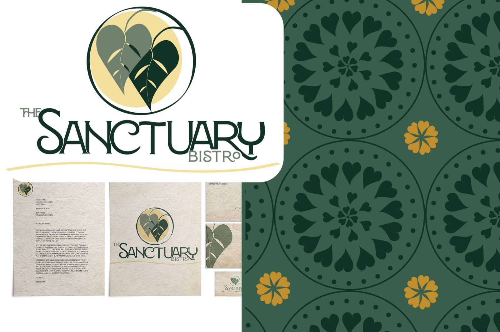 Brand board with the primary logo, letterhead, collateral, and a deep green rosette pattern with gold blooms