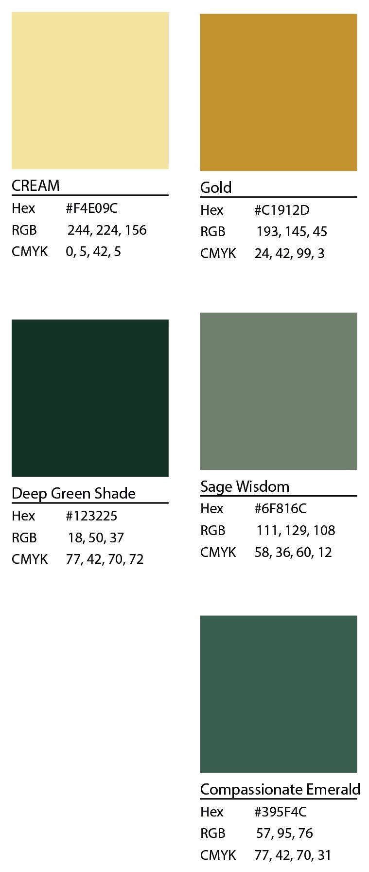 Palette swatches with values: cream, gold, deep green shade, sage wisdom, and compassionate emerald