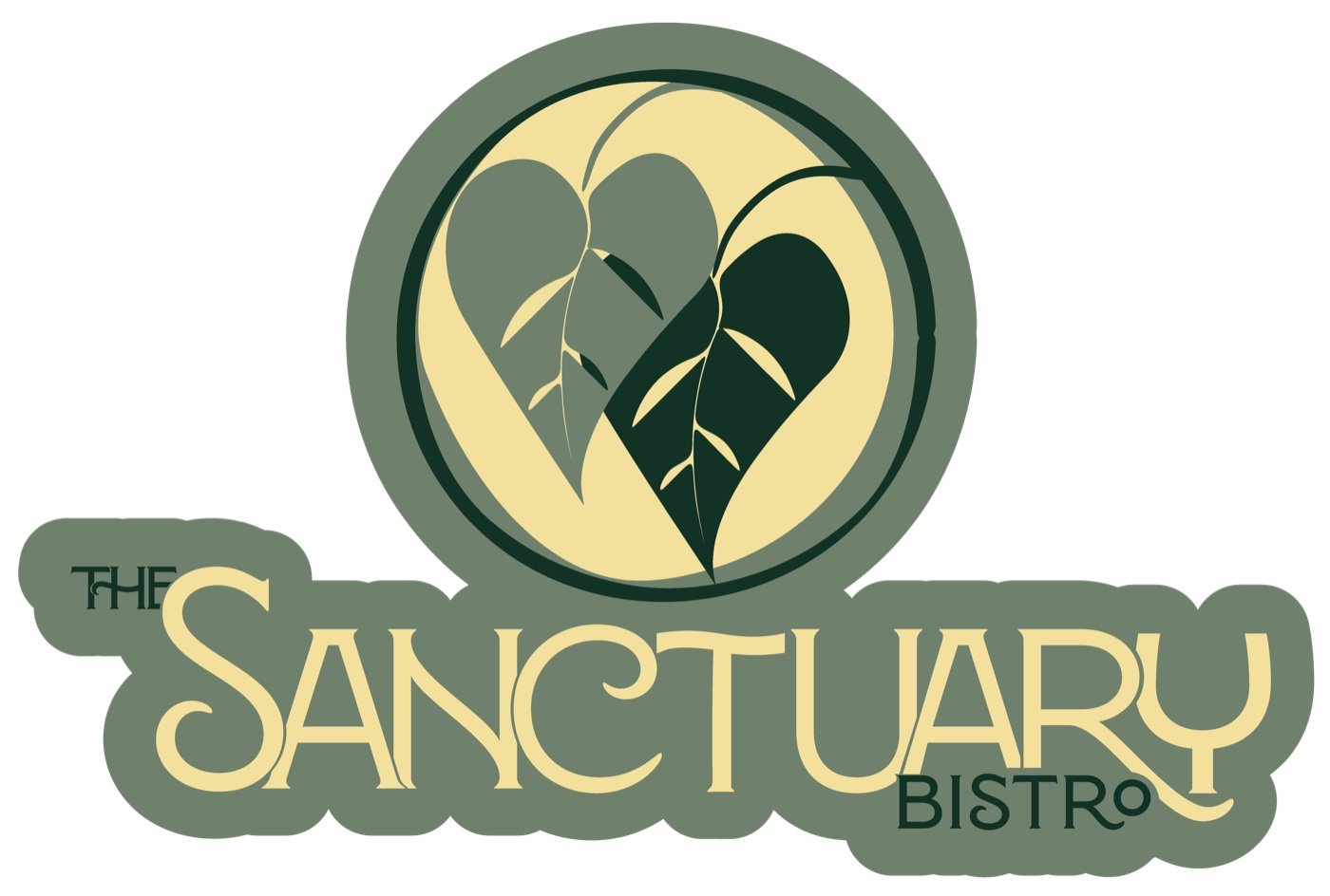 The rebranded mark: two Art Deco heart-shaped leaves in a deep green circle above Sanctuary Bistro lettering in green and gold