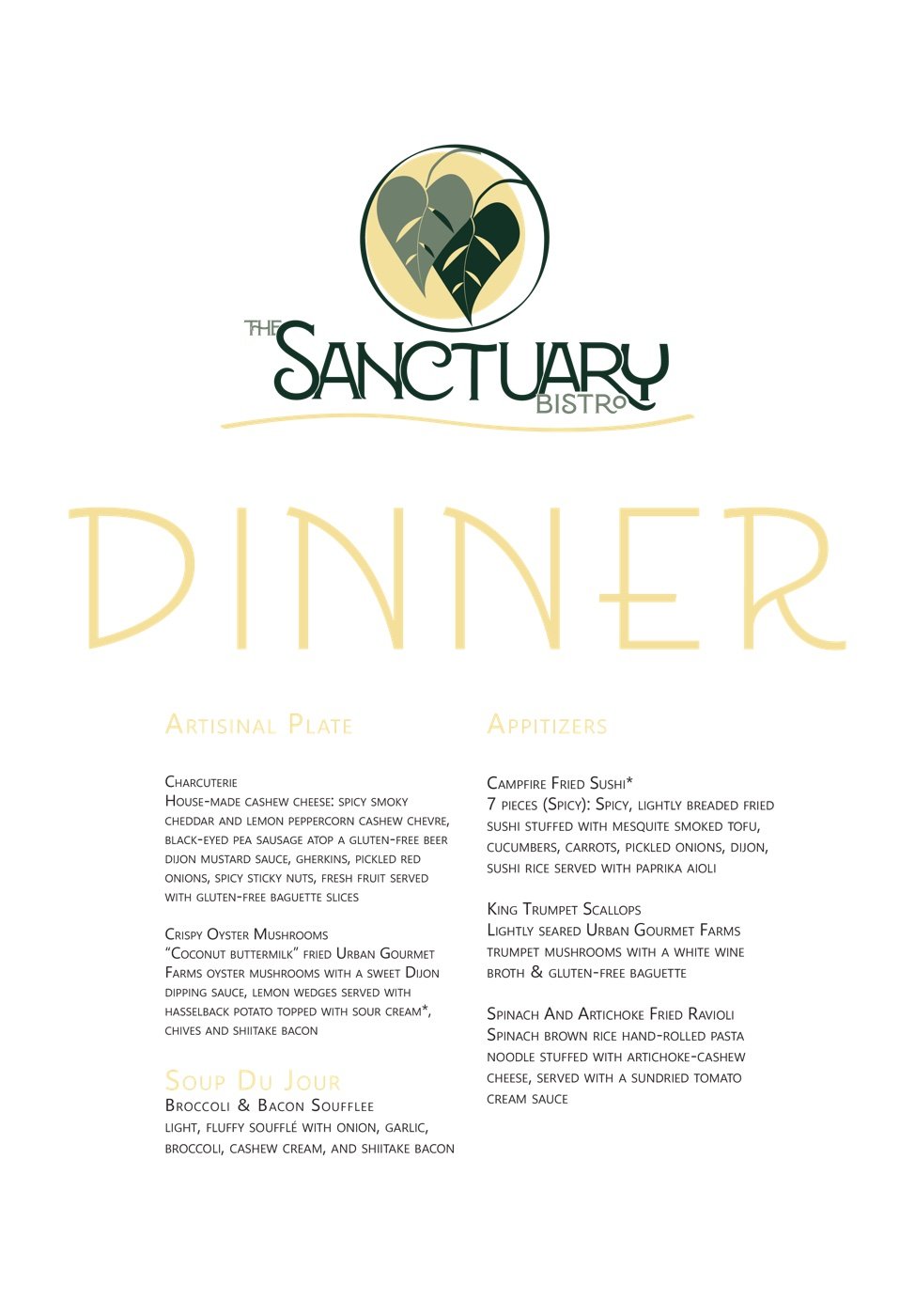Dinner menu interior page with seasonal plates and appetizers under a large serif Dinner heading