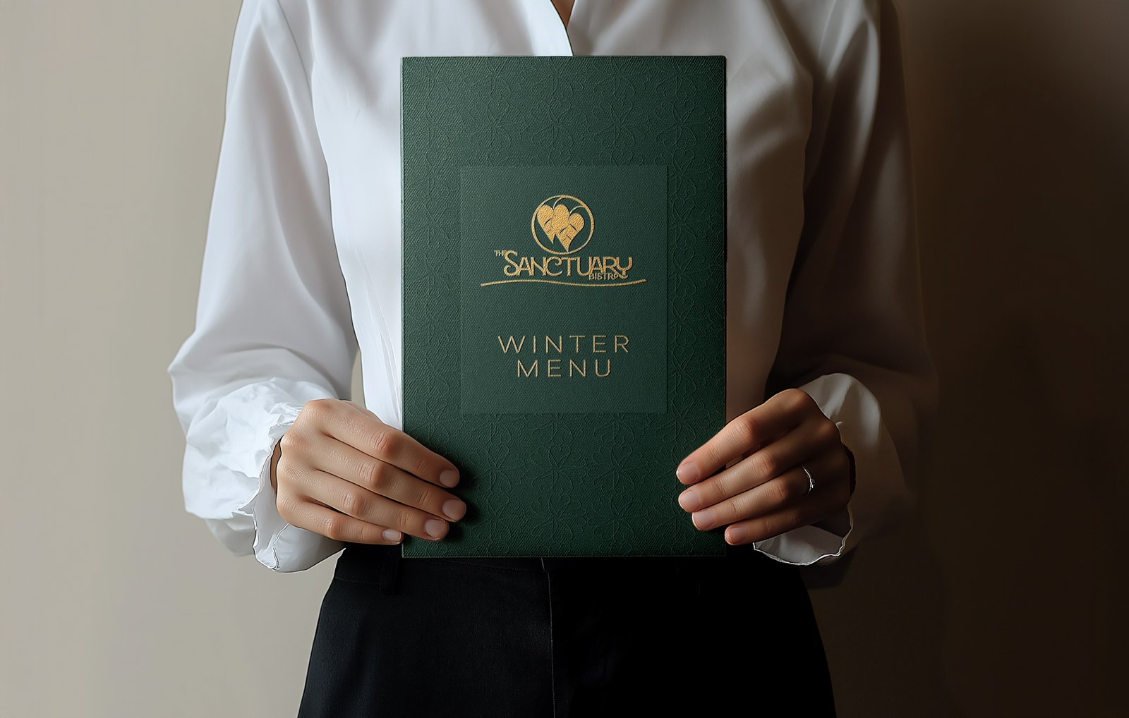 Server in a white shirt holding the deep green Winter Menu folio with the gold foil Sanctuary mark