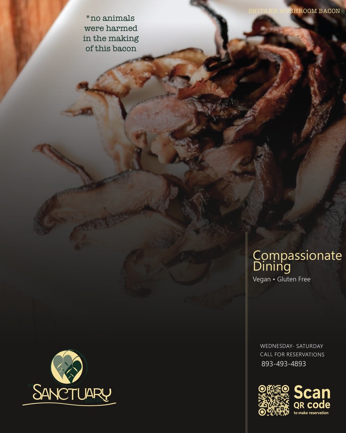 Print ad with mushroom bacon close-up reading No Animals Were Harmed in the Making of This Bacon, Compassionate Dining, vegan and gluten free