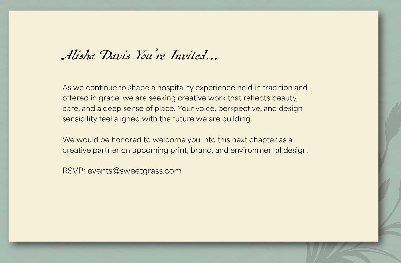 Sweetgrass invitation card on sea-green backing, welcoming a creative partner with an RSVP line to events at sweetgrass dot com
