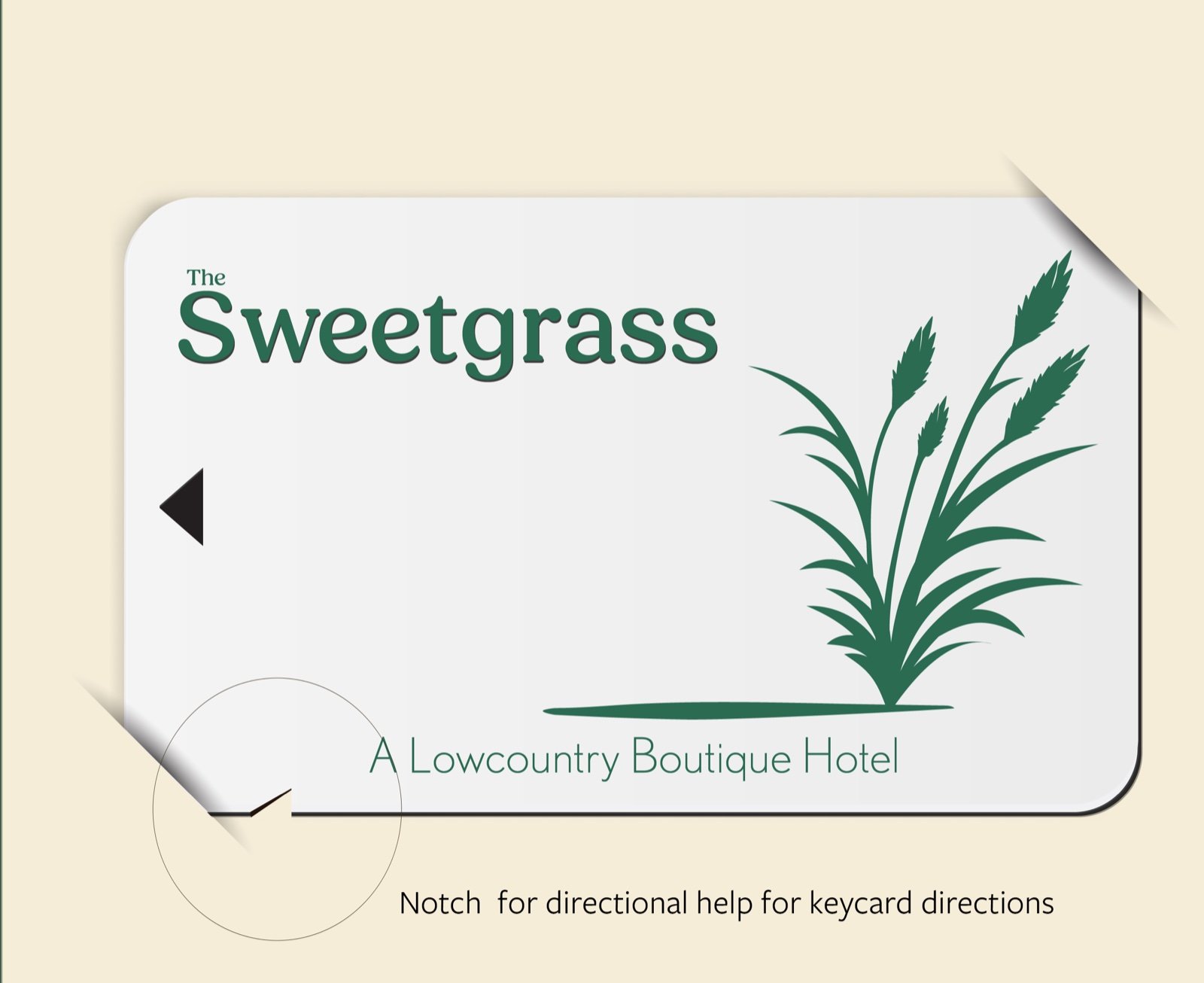 Sweetgrass key card with the marsh green logo and a tactile corner notch, annotated as directional help so blind and low-vision guests can orient the card