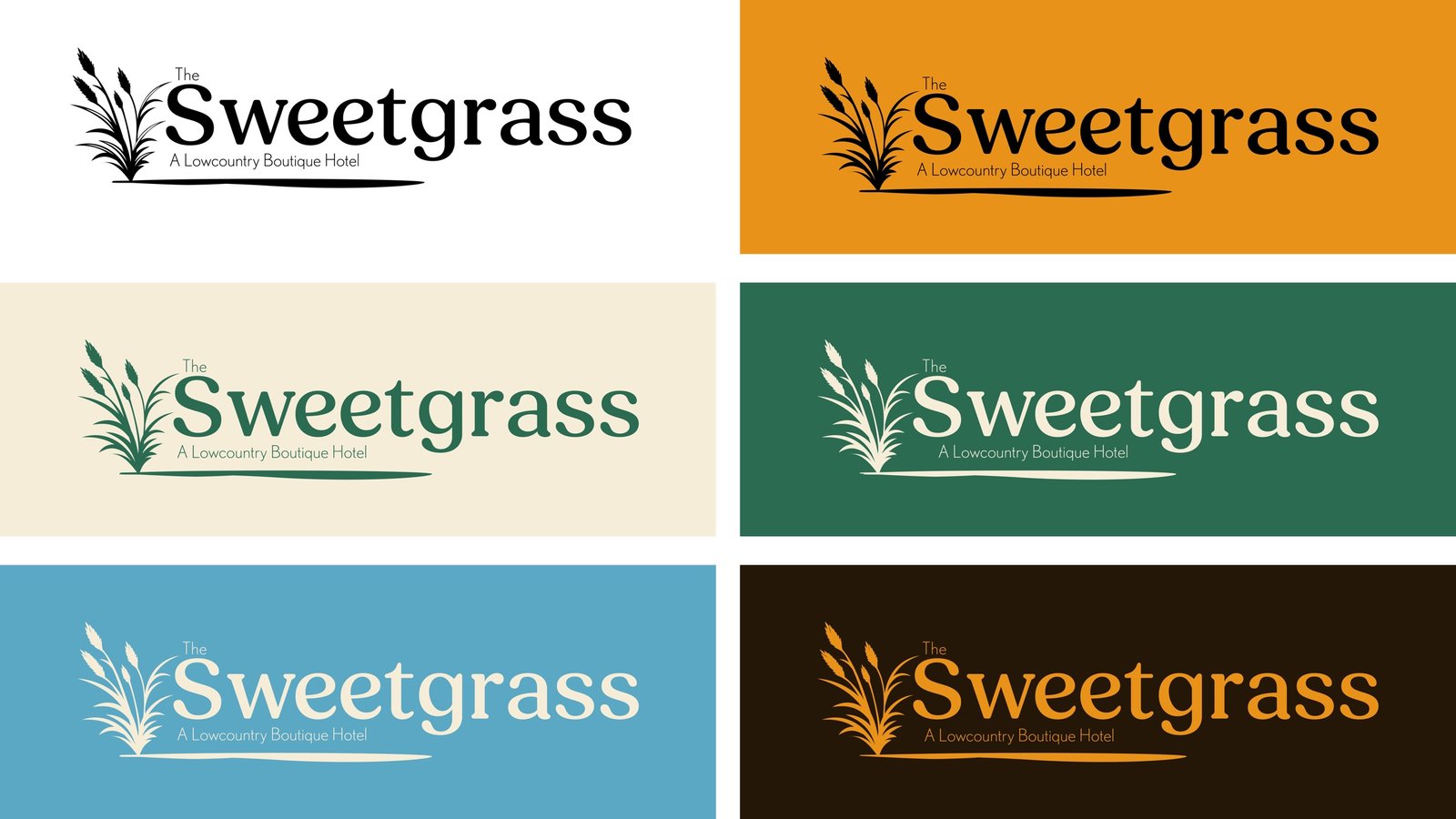 Six Sweetgrass logo colorways: black on white, black on amber, marsh green on cream, cream on marsh green, cream on sky blue, and gold on dark wood brown