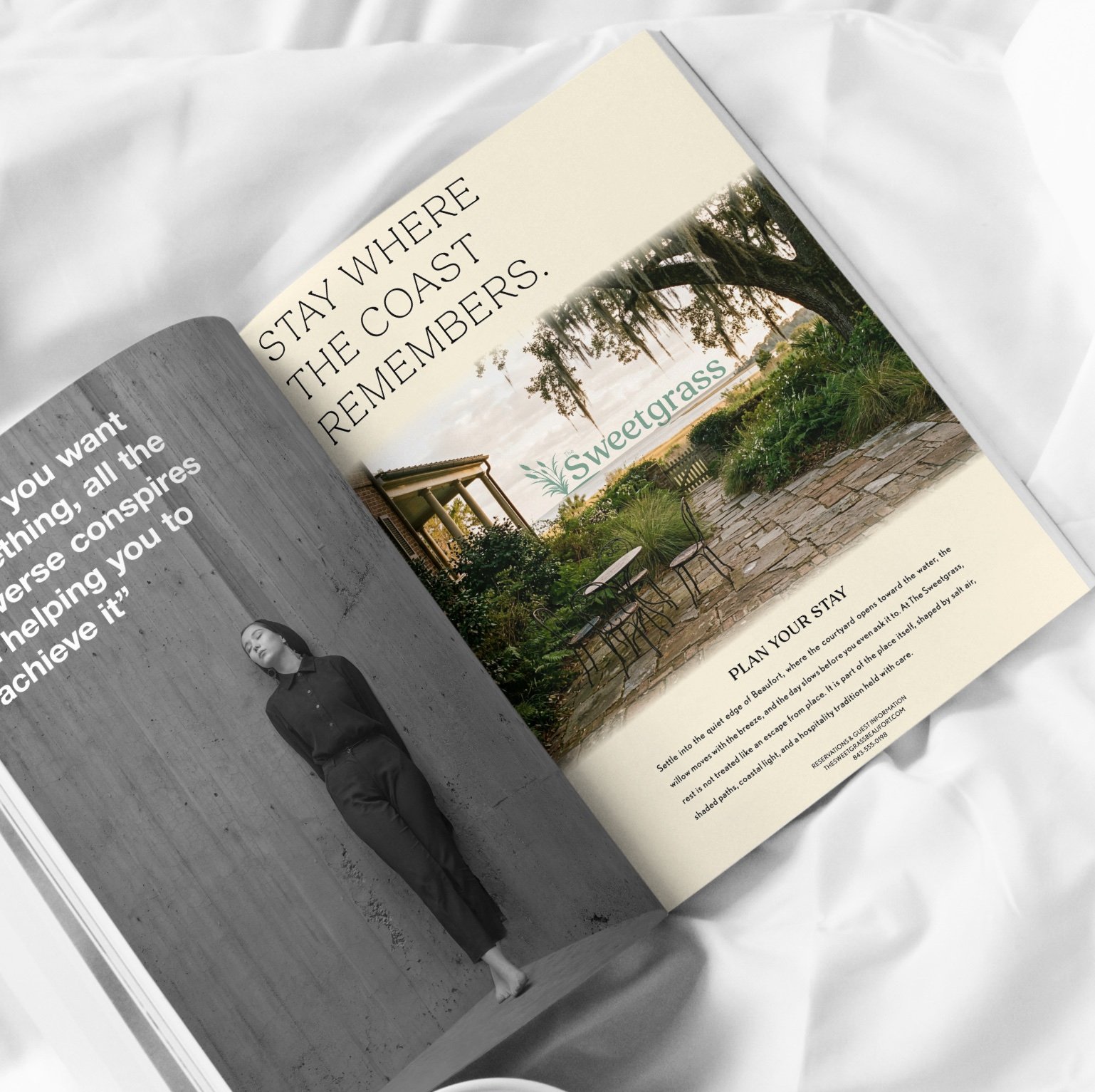 Magazine spread with a full-page Sweetgrass ad reading Stay Where the Coast Remembers above a garden patio under live oaks