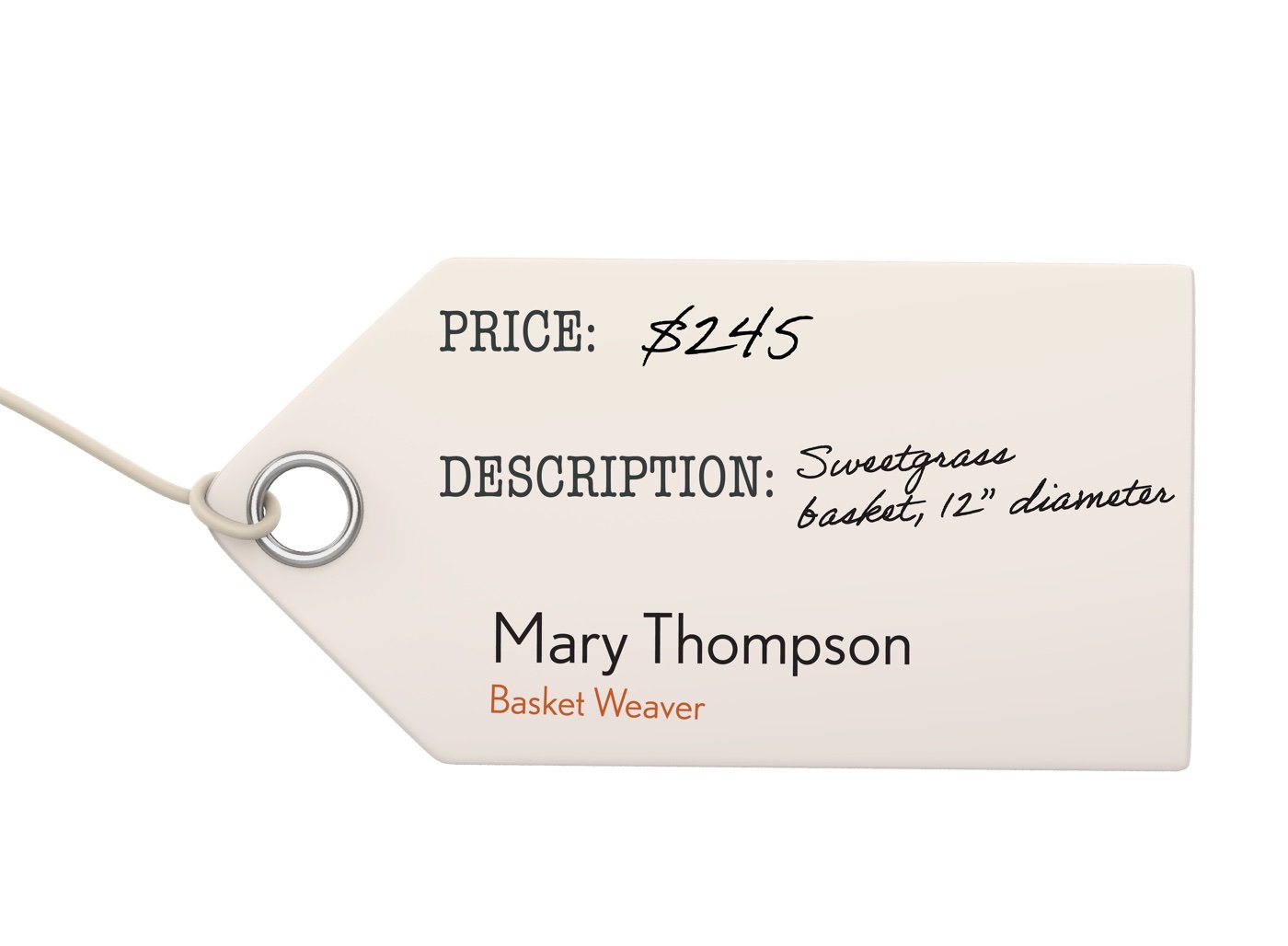 Handwritten market price tag crediting basket weaver Mary Thompson, with the price and a description of a twelve-inch sweetgrass basket