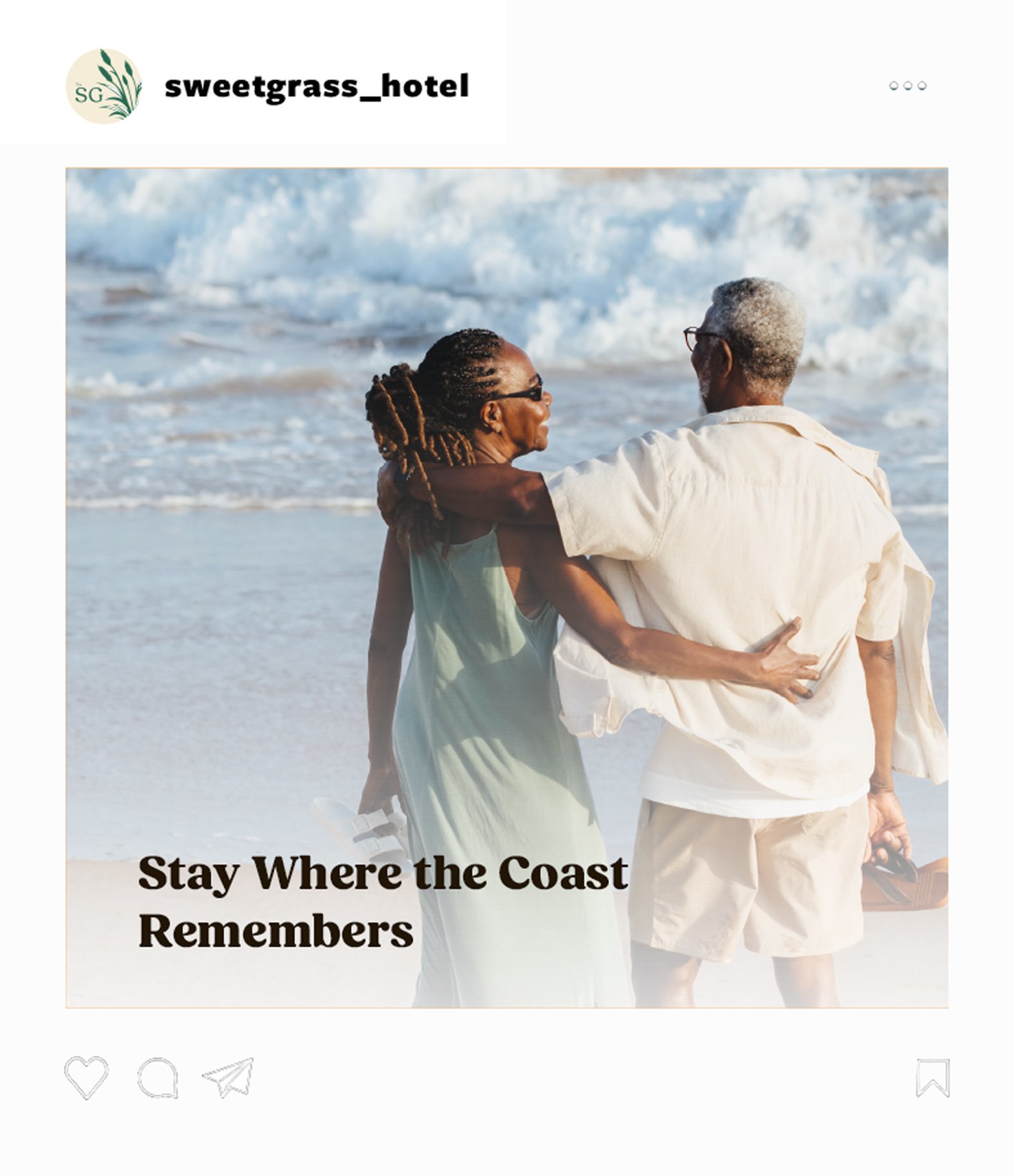 Instagram post of a couple walking arm in arm along the shoreline, captioned Stay Where the Coast Remembers