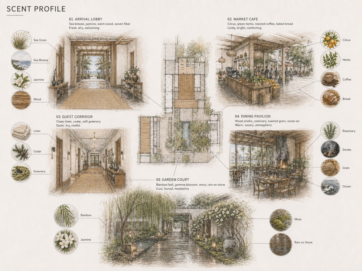 Illustrated map of hotel spaces from lobby to courtyard, pairing each zone with a signature botanical scent cue