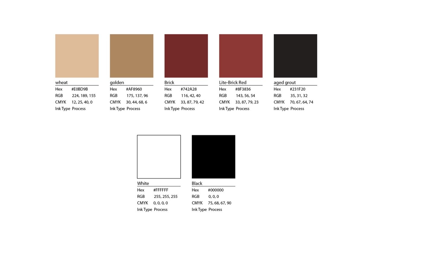 Palette swatches with values: wheat, golden clay, brick, lion red mud, aged grout, white, and black