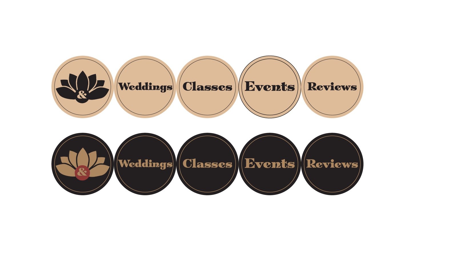Instagram story highlight buttons for Weddings, Classes, Events, and Reviews in kraft and black colorways with the lotus mark