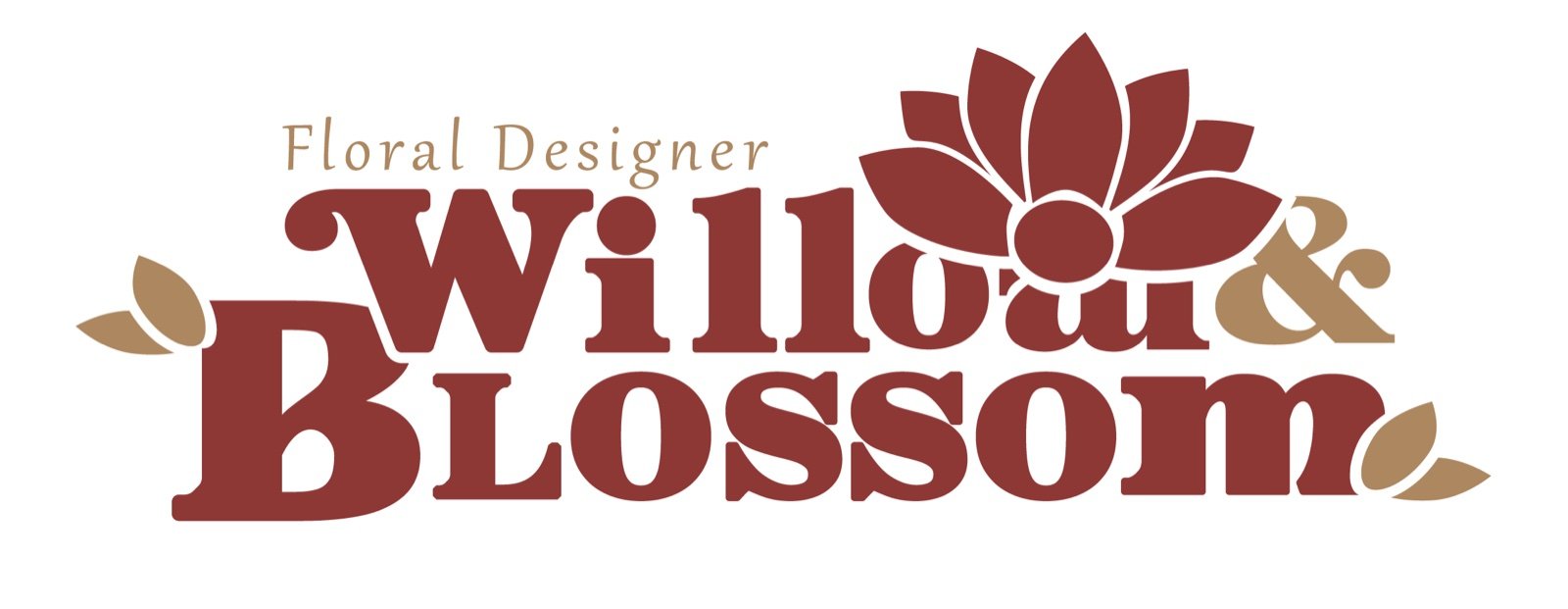 Willow & Blossom Floral Designer lockup: oxblood and gold lettering with a lotus crowning the ampersand