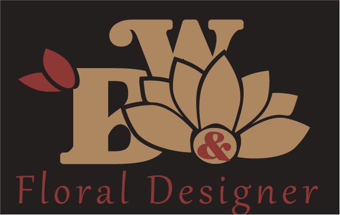 Reversed lockup in gold and crimson on black with the lotus filling the W and B monogram