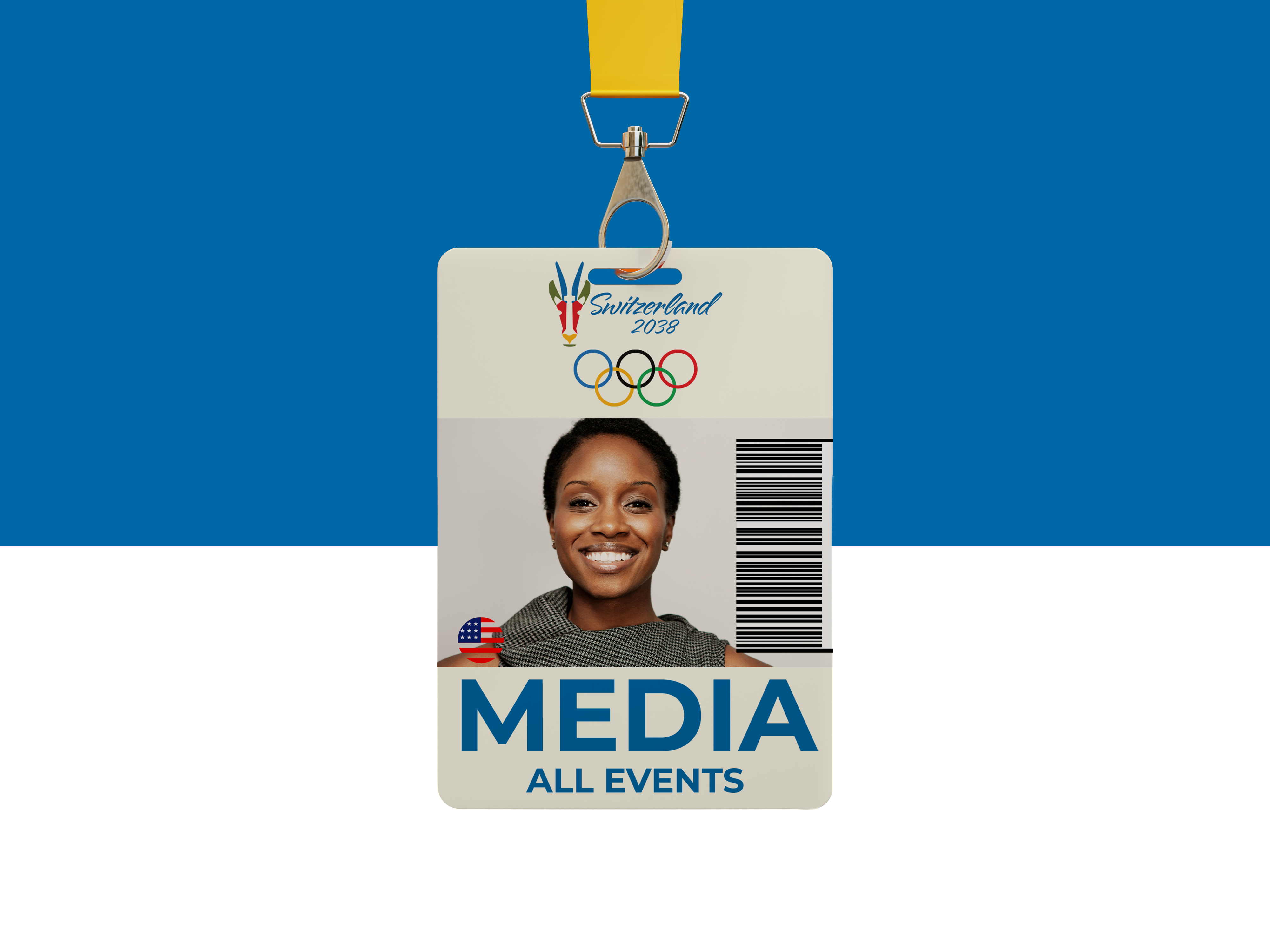 Olympic credential badge featuring the 2038 identity