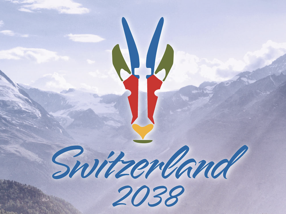 Primary 2038 Olympics mascot logo with alpine landscape