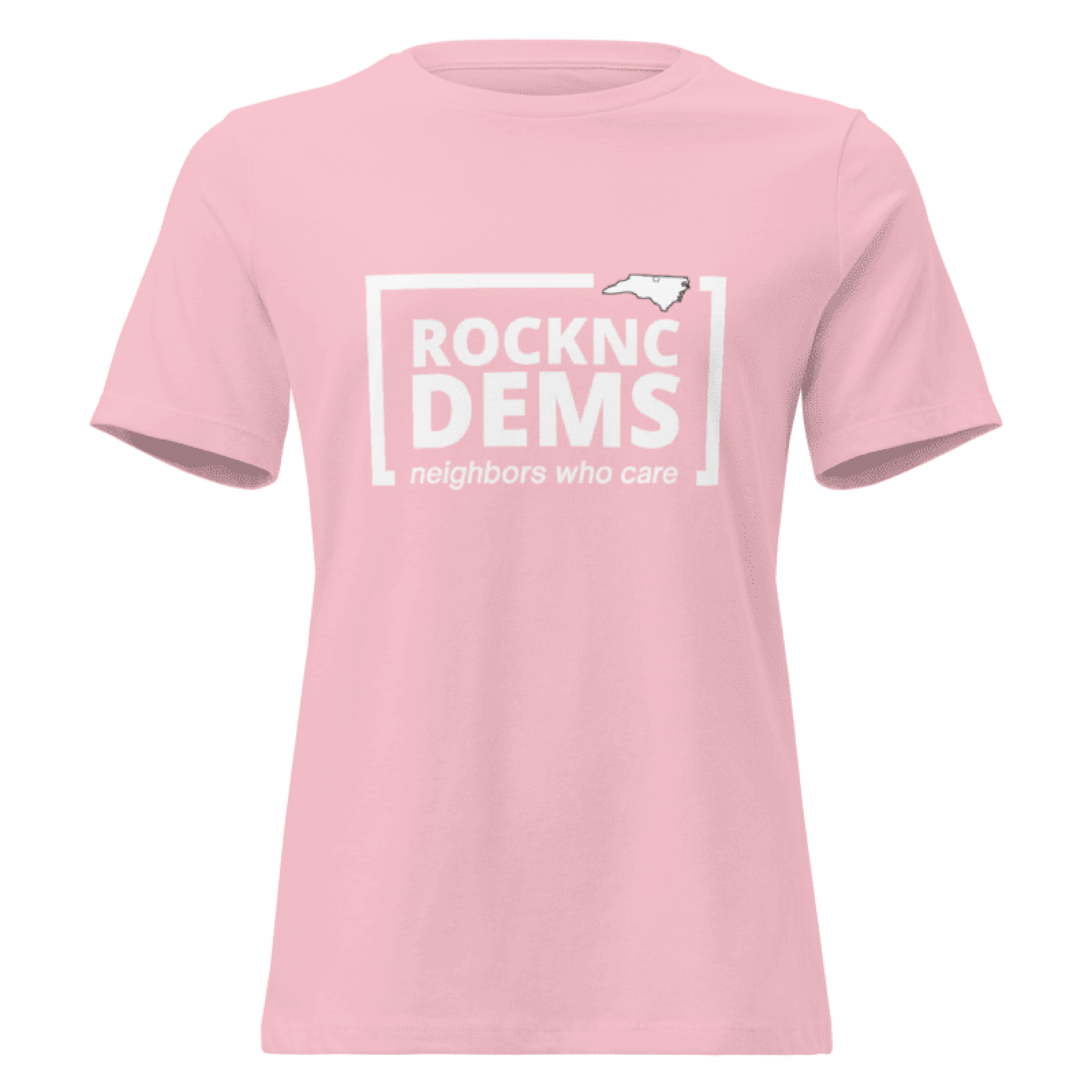 Pink t-shirt merchandise mockup with RoCo Dems branding