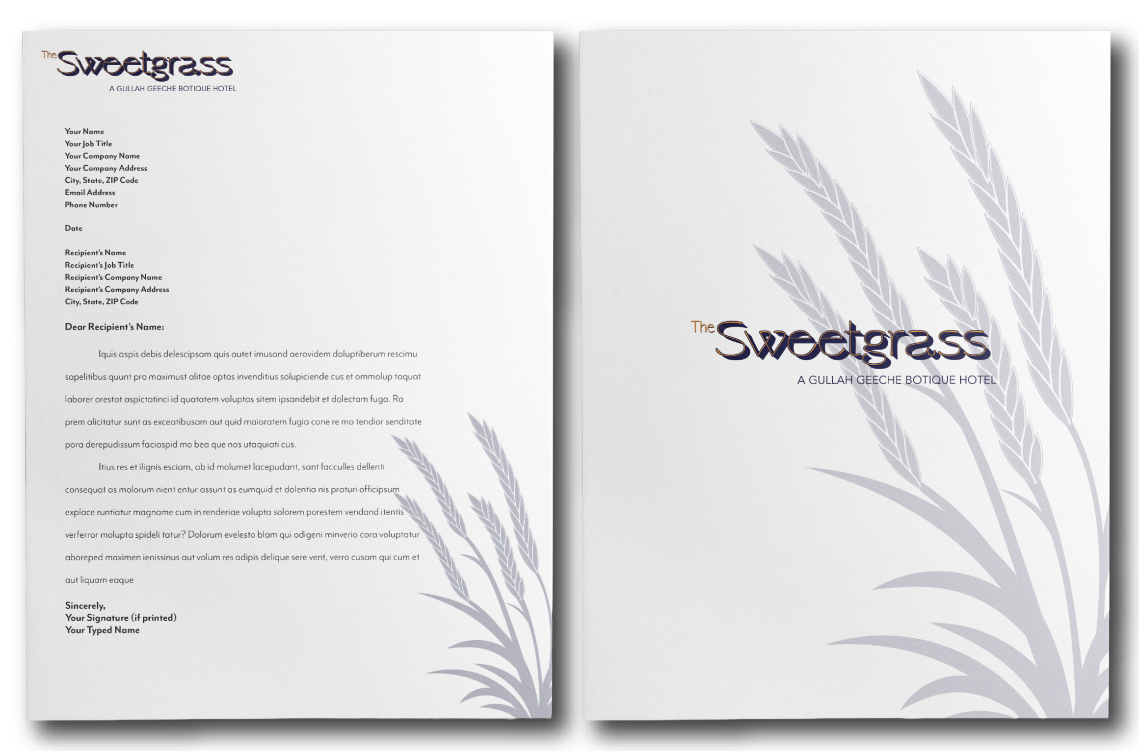 Sweetgrass Boutique letterhead and envelope mockup